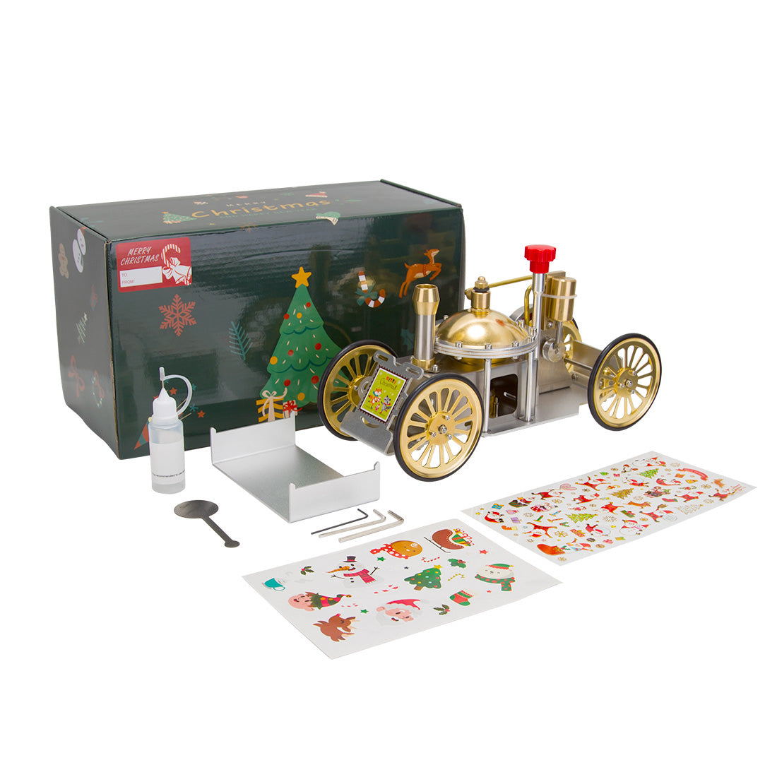 ENJOMOR Antique Metal Steam-Powered Car Model Retro Steam Engine Model Car STEM Toy Christmas Gift Collection