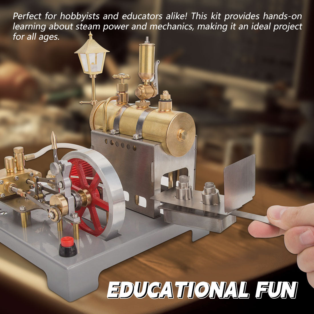 RETROL SE-02 Full Metal Stationary Steam Engine Model and Boiler Model Kit with Generator and Street Lamp