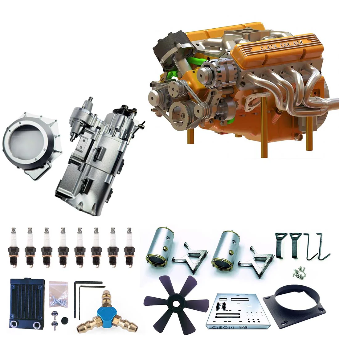 CISON V8 Engine Pro Small-block 44CC 1/6 Scale Water-Cooled 4-Stroke 8-Cylinder Gasoline Engine Internal Combustion V8 Engine Model Kit that Works